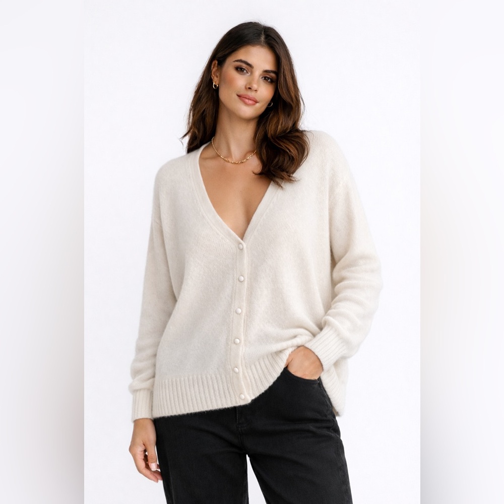 One Grey Day 100%‎ Cashmere Ivory Button Cardigan Sweater Oversized Small